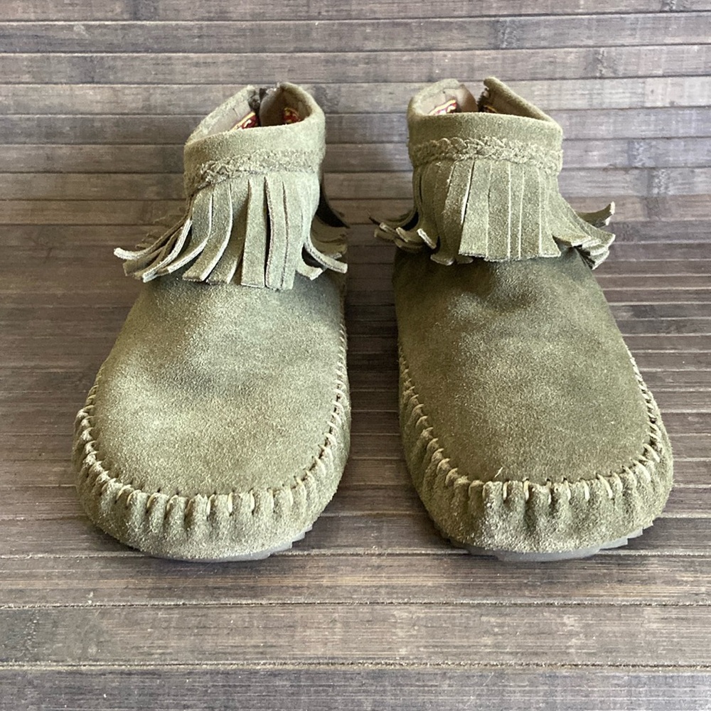 Aldo Olive Suede Ankle Booties with Fringe Size 8.5 Pre-Owned
